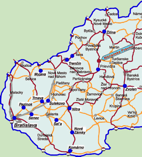 Mapa časti Slovenska so zvýrazneným Nitrianskym Pravnom